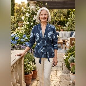 SIZE 14 LOGO Lavish® by Lori Goldstein NEW Blue Floral Denim Wrap Jacket